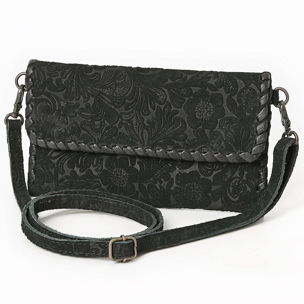 Black Floral Embossed Leather Crossbody Bag with Whipstitch Trim: ADBG1645