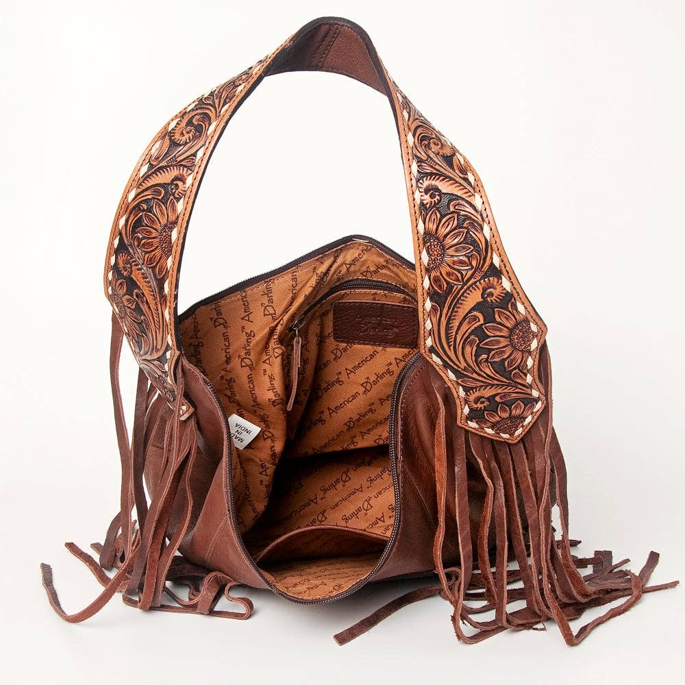 ADBGA219 American Darling Hand Tooled Genuine Leather Hobo Bag Turquoise Concho Fringe: ADBGA219A