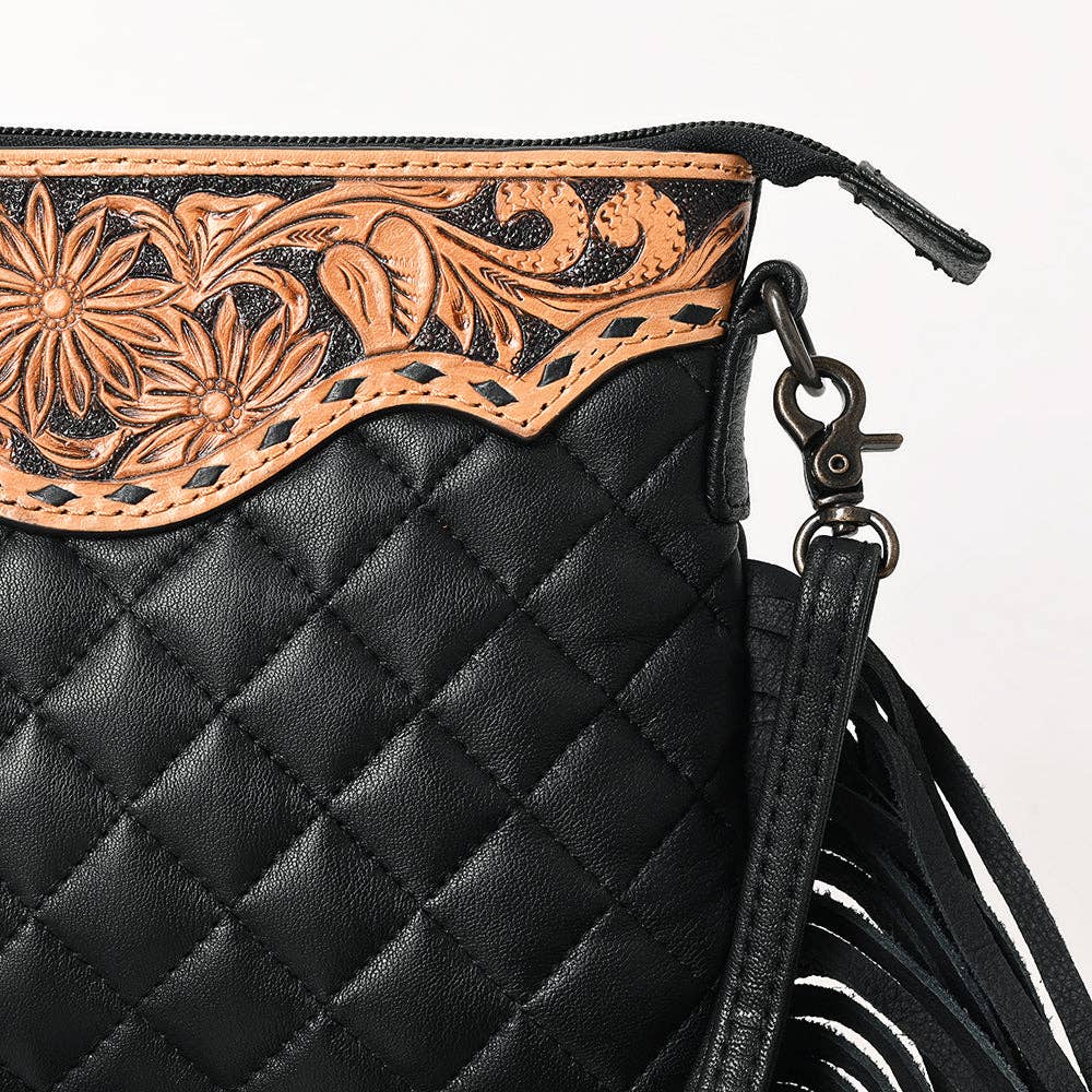 ADBG1683 American Darling Quilted Leather Crossbody Black | Tooled Flap Fringe Purse: ADBG1683