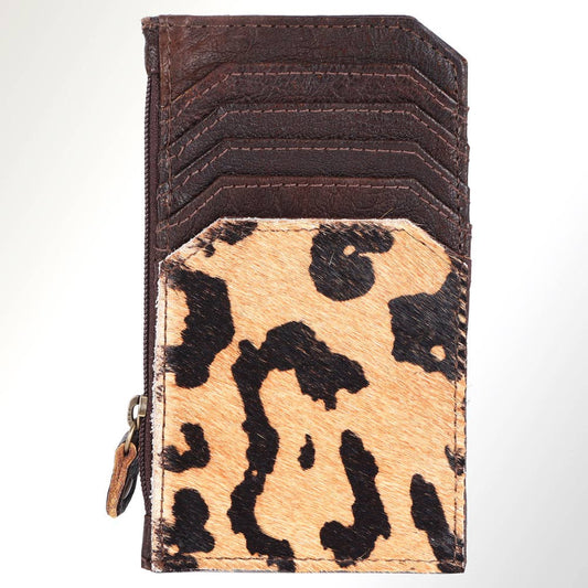 ADCCM101 Leopard Print Cowhide & Brown Leather Zipper Card Holder - Western Slim Wallet: ADCCM101N