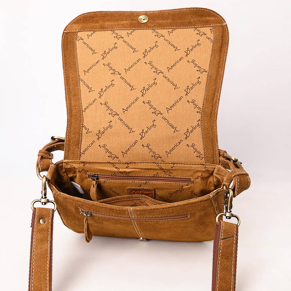 Tan Crossbody Genuine Western Suede Leather women bag: ADBGA670C