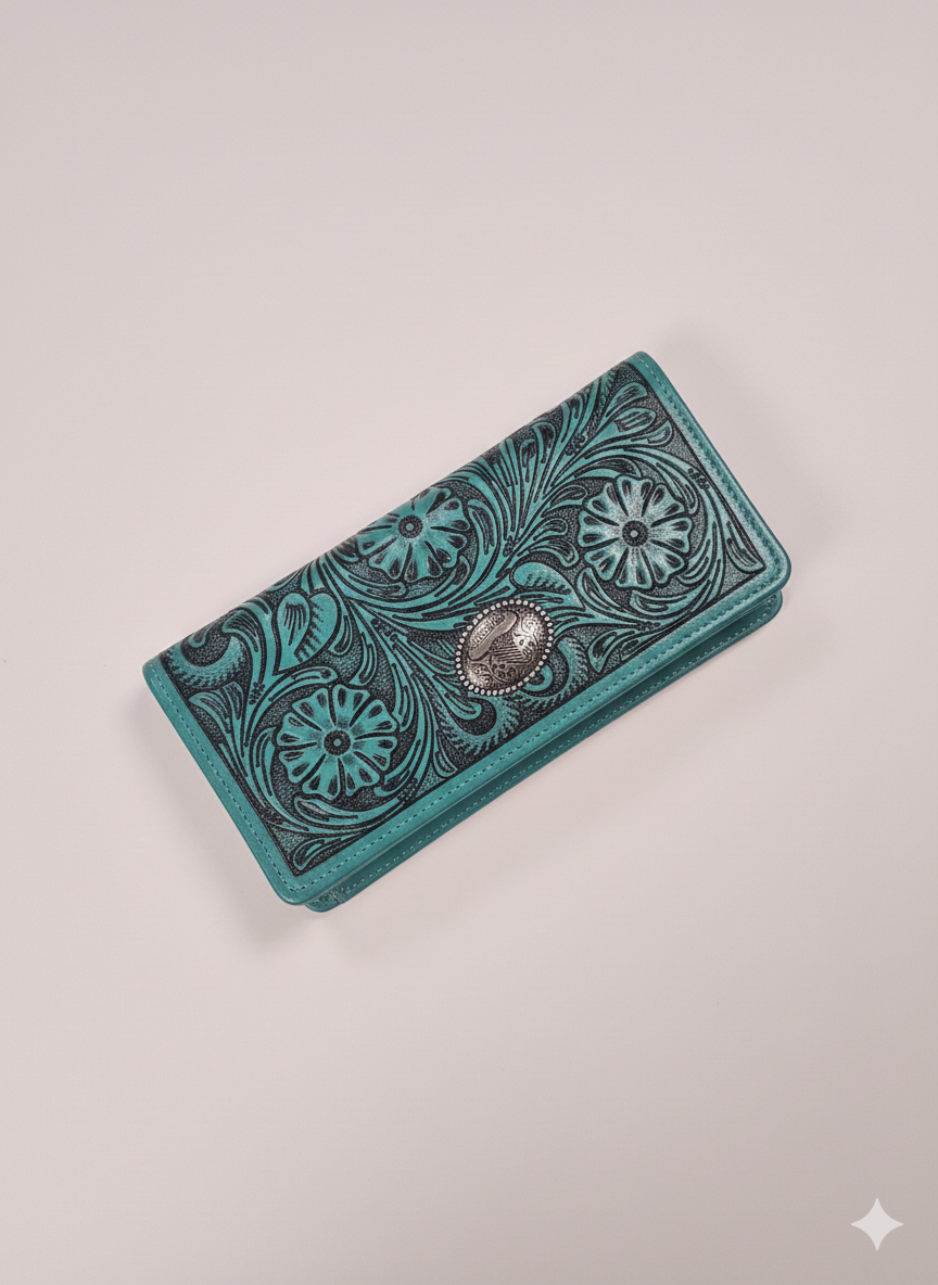 Turquoise Leather Wallet Floral Filigree ABLW 18-25202