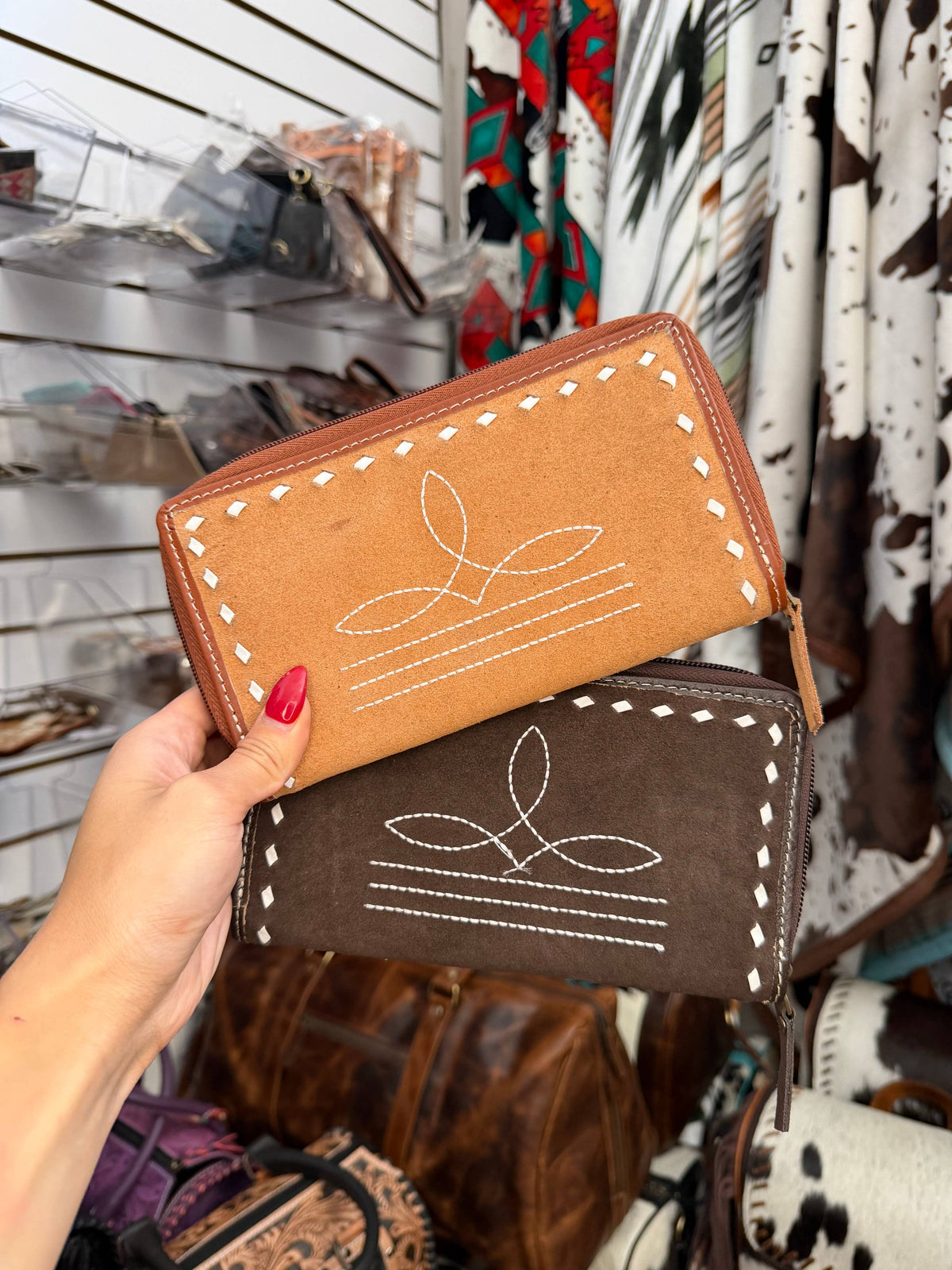 Suede Bootstitch Western Clutch Wallet: Tan