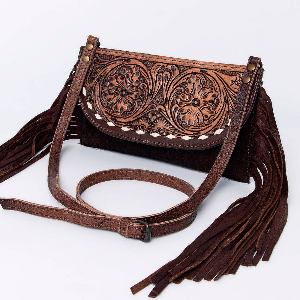 LC-ADBG924 Leather Crossbody with Hand-Tooled Floral Flap & Fringe: ADBG924B