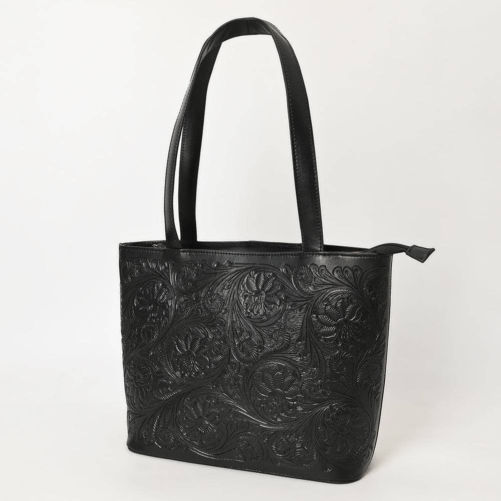 ADBGZ837A Black Hand-Tooled Leather Tote Bag Western Floral Elegance: ADBGZ837A