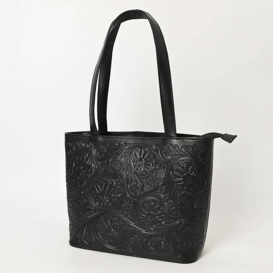 ADBGZ837A Black Hand-Tooled Leather Tote Bag Western Floral Elegance: ADBGZ837A