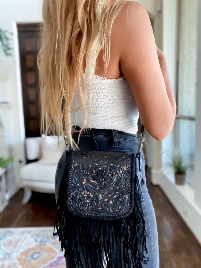 THE LEXIE CROSSBODY - BLACK - Laser Cut Crossbody Purse: Medium