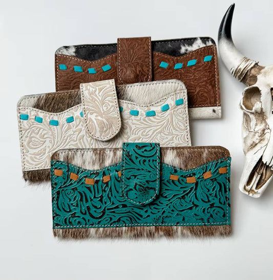 Western Floral Leather Tooled Wallet: Cream Leather