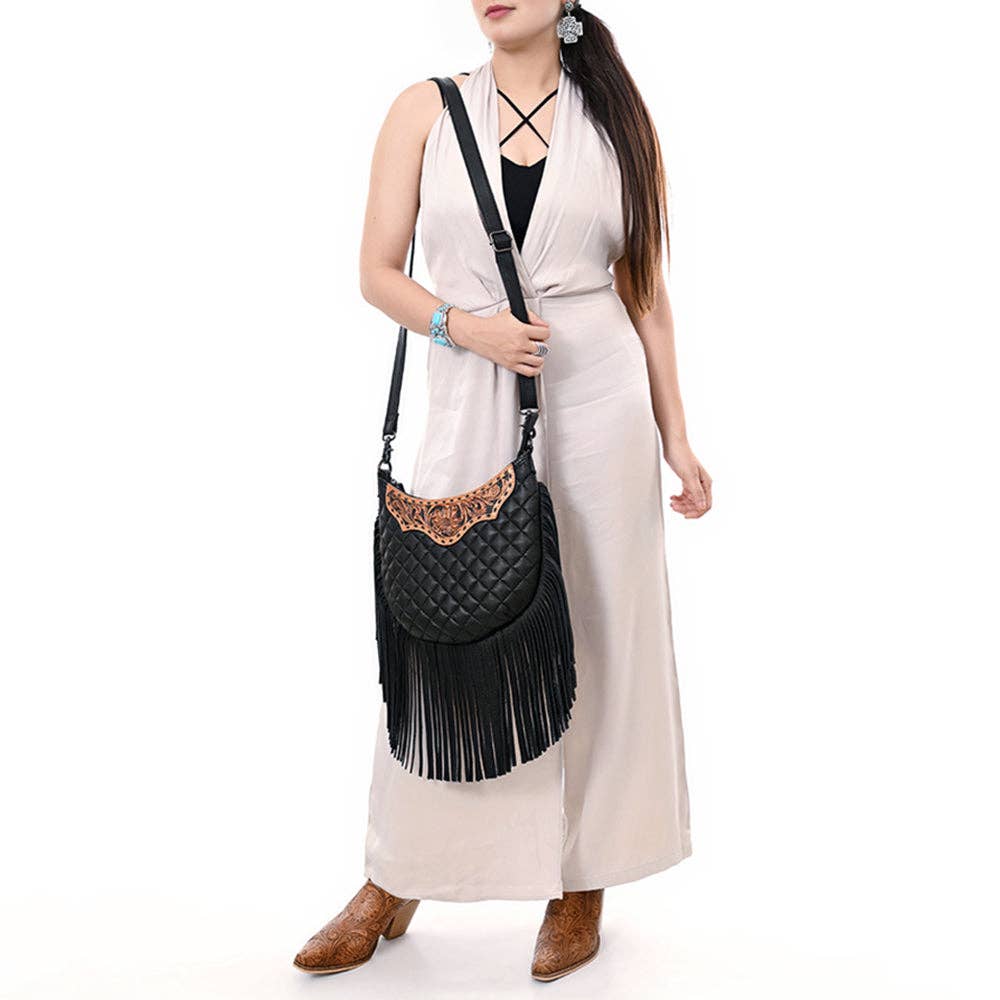 ADBG1686 American Darling Large Quilted Crossbody Hobo | Hand-Tooled Yoke Fringe Bag: ADBG1686