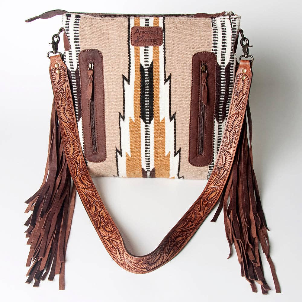 LC-ADBGZ577 Beige Southwestern Woven Crossbody Bag - Floral Tooled Leather Trim & Fringe Strap