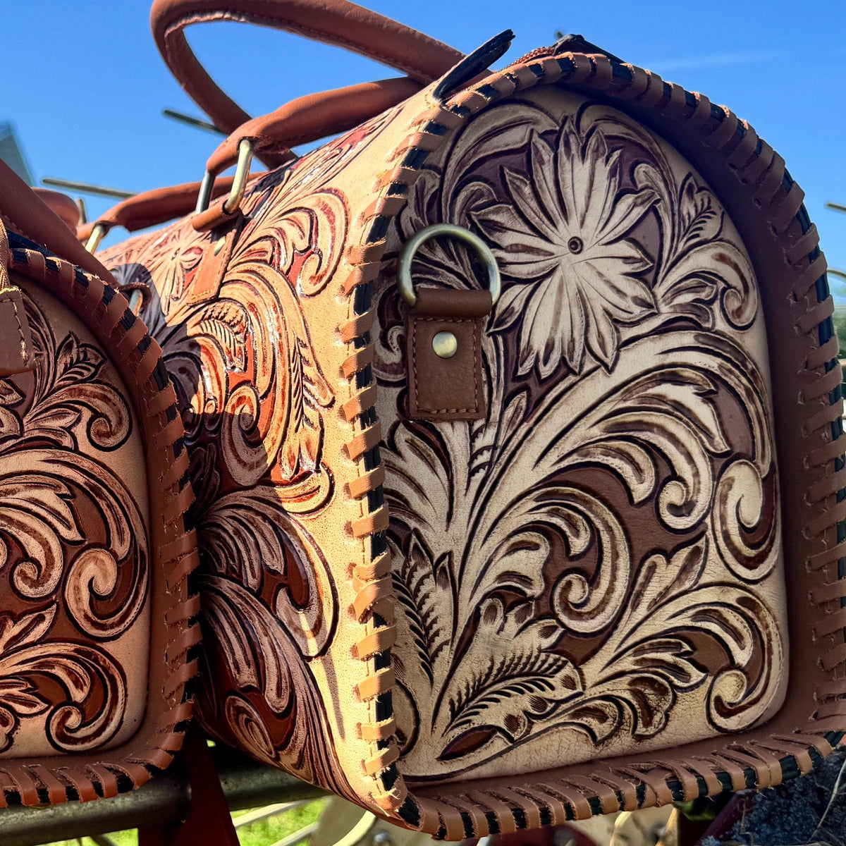 Tan Wild Daisy Heritage Speedy Western Genuine Leather Barrel Bag Purse by Double B: Medium