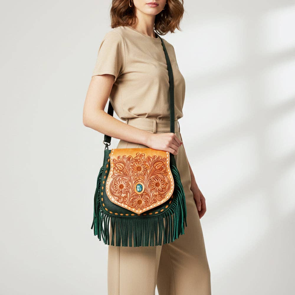 LC-ADBGZ483 Tan & Green Tooled Leather Messenger Bag - Floral Design with Turquoise Accent and Fringe: ADBGZ483
