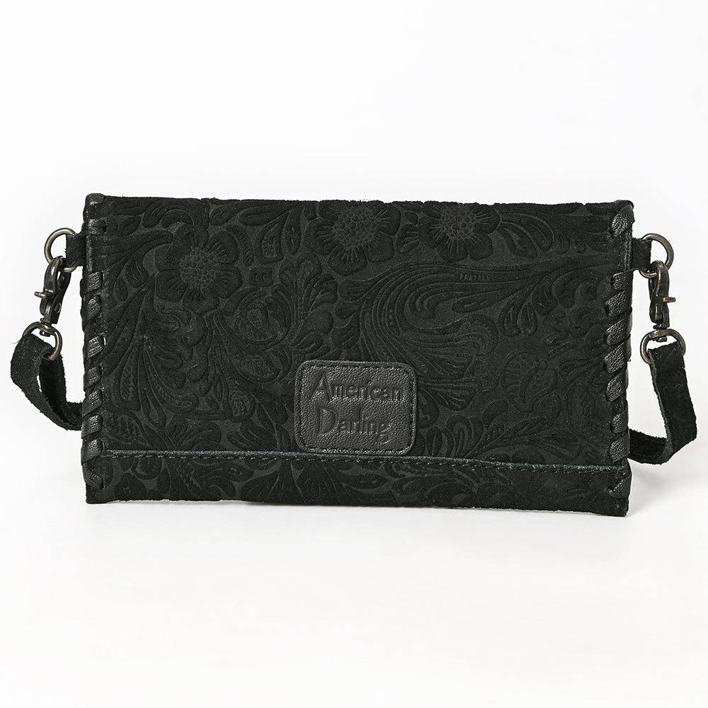 Black Floral Embossed Leather Crossbody Bag with Whipstitch Trim: ADBG1645