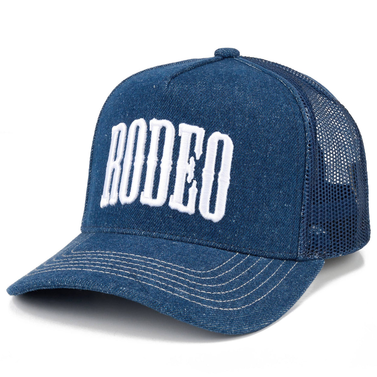 C.C RODEO Letter Embroidered Snapback Trucker Hat: Dark Denim